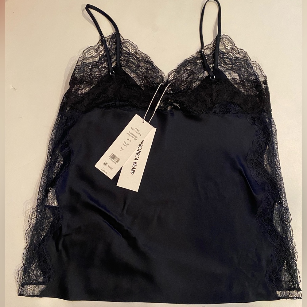 VERONICA BEARD johanan stretch-silk camisole Lace Trim Size 0 Navy Blue NWT